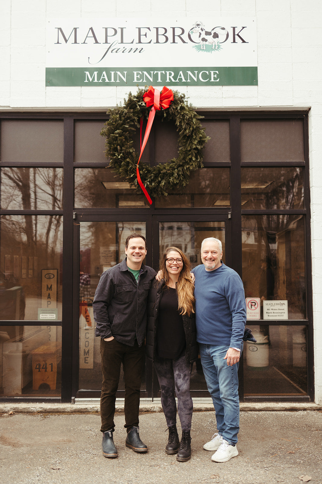 Alex Englert, Marisa Mauro, and Mike Scheps at the Maplebrook Farm entrance